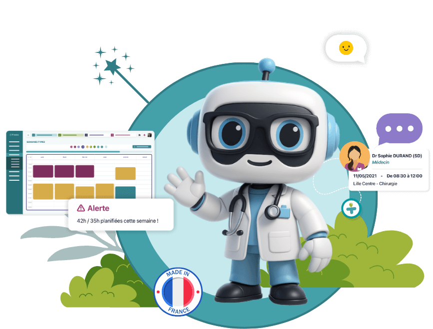 Timed_IA Mascotte robot médecin Timed, cartoon 3D avec stéthoscope et lunettes, illustrant l’IA dans le logiciel RH Timed